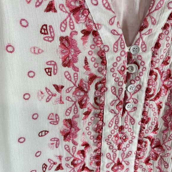 Hale Bob Mimi Embroidered Crepe Top XS White Pink Boho Hippie Floral - Picture 4 of 10